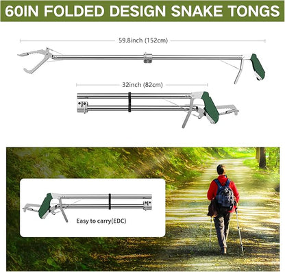 60“ Snake Tongs Collapsible Grabber, Professional Reptile Snake Catcher Wide Jaw Handling Tool, Stainless Steel Snake Hook GYORGKSHI