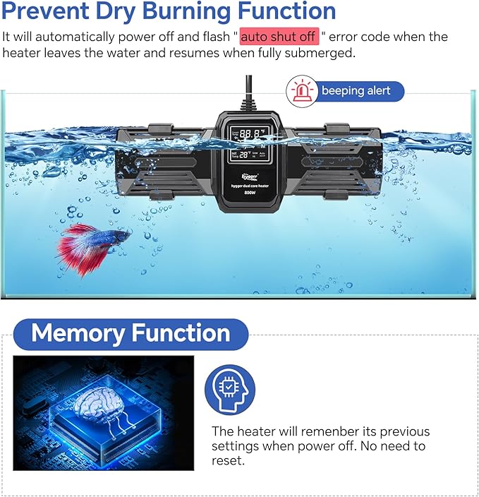 hygger Aquarium Heater, 500W 800W 1000W Submersible Fish Tank Heater with LED Digital Display Over-Temperature Protection and Automatic Power-Off, for Saltwater and Freshwater Tank up to 240 Gallon hygger