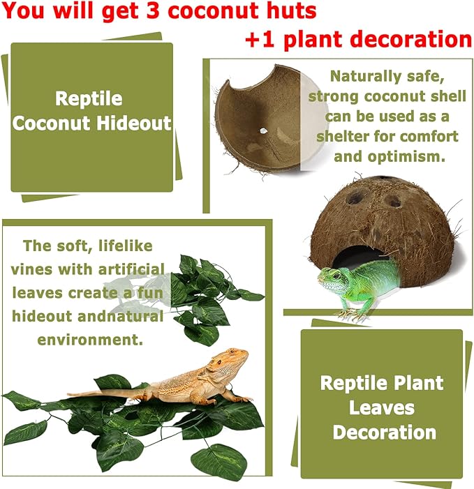 Hamiledyi Reptile Hideouts Natural Coconut Shells Hut Hermit Crab Climbing Toys Gecko Hide Cave Lizard Habitat Decor Plant Leaves Decoration for Spider Snake Chameleon (4Pcs) Hamiledyi