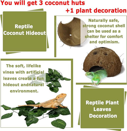 Hamiledyi Reptile Hideouts Natural Coconut Shells Hut Hermit Crab Climbing Toys Gecko Hide Cave Lizard Habitat Decor Plant Leaves Decoration for Spider Snake Chameleon (4Pcs) Hamiledyi