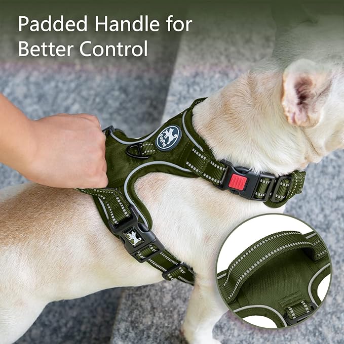 PoyPet No Pull Dog Harness, No Choke Reflective Dog Vest, Adjustable Pet Harnesses with Easy Control Padded Handle for Small Medium Large Dogs(Military Green,L) PoyPet