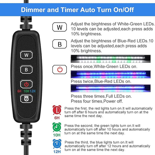 VARMHUS Submersible LED Aquarium Light,Fish Tank Light with Timer Auto On/Off Dimming Function,3 Light Modes Dimmable&4-Color LED,10 Brightness Levels Optional&3 Levels of timed Loop 18LEDS-7.5'' VARMHUS