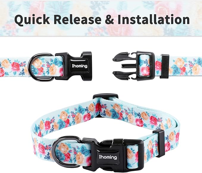 Ihoming Puppy Collar and Leash Set for Daily Outdoor Walking Running Training, Blue Festive Flowers Design for Extra Small Boys Girls Dogs Cats Pets, XS-Up to 10LBS Ihoming