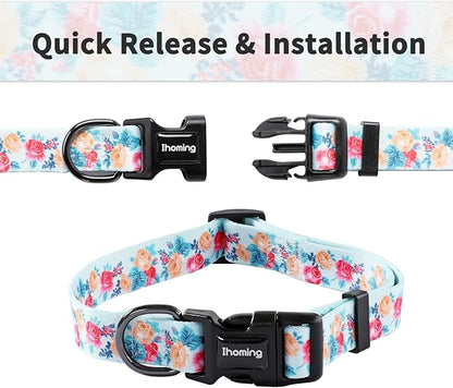 Ihoming Puppy Collar and Leash Set for Daily Outdoor Walking Running Training, Blue Festive Flowers Design for Extra Small Boys Girls Dogs Cats Pets, XS-Up to 10LBS Ihoming