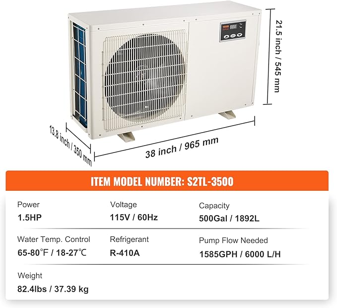 VEVOR Aquarium Chiller, 500 Gal 1892 L, 1.5 HP Hydroponic Water Chiller, Quiet Refrigeration Compressor for Seawater and Fresh Water, Fish Tank Cooling System with Pump/Hose, for Jellyfish, Coral Reef VEVOR