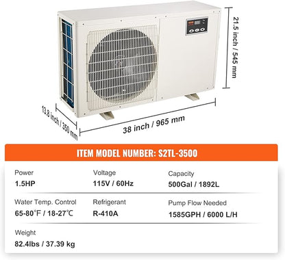 VEVOR Aquarium Chiller, 500 Gal 1892 L, 1.5 HP Hydroponic Water Chiller, Quiet Refrigeration Compressor for Seawater and Fresh Water, Fish Tank Cooling System with Pump/Hose, for Jellyfish, Coral Reef VEVOR