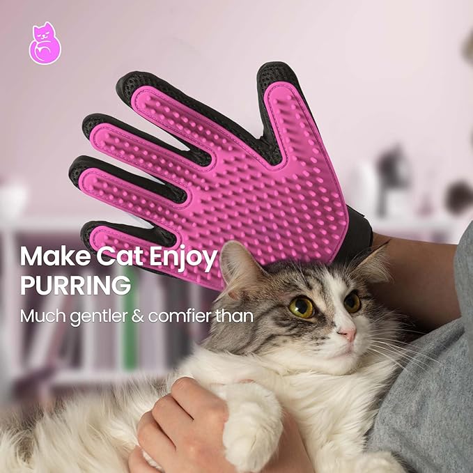 DELOMO Pet Grooming Gloves, Upgrade Version with Enhanced 255 Silicone Grooming Tips, Hair Remover Mittens for Dogs & Cats, Bath Brush, 1 Pair (Pink) - PAWPICO