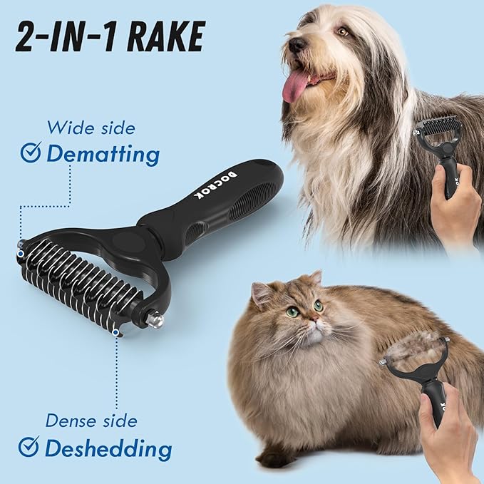 Pet Grooming Combo: Undercoat Rake, Dematting Deshedding Brush for Long-Haired Dogs and Cats, Black - PAWPICO