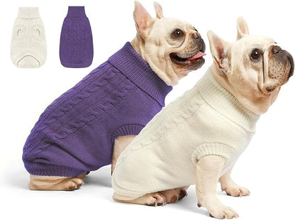 2 Pack Dog Sweaters for Small Dogs - Puppy Medium Warm Clothes in Winter, Turtleneck Pullover Design for Boy Girl Pet, Doggie, Cat, Kitten Chihuahua Bulldog Pug Beagles (M, Purple, Beige) - PAWPICO