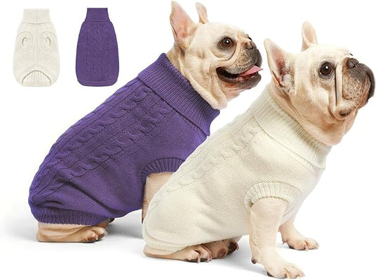 2 Pack Dog Sweaters for Small Dogs - Puppy Medium Warm Clothes in Winter, Turtleneck Pullover Design for Boy Girl Pet, Doggie, Cat, Kitten Chihuahua Bulldog Pug Beagles (M, Purple, Beige) - PAWPICO