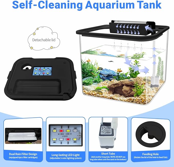 0.8 Gallon Small Fish Tank Kit, Aquarium Starter Kit with Super-Quiet Water Pump, Rain Filtration, Self Cleaning Filtration, LED Light, Easy Changing Water (Black) Moonorange