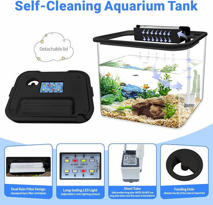 0.8 Gallon Small Fish Tank Kit, Aquarium Starter Kit with Super-Quiet Water Pump, Rain Filtration, Self Cleaning Filtration, LED Light, Easy Changing Water (Black) Moonorange