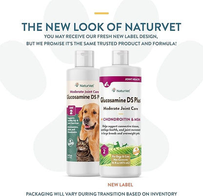 NaturVet Glucosamine DS Plus Hip & Joint Support Liquid Pet Supplement – Level 2 Moderate Care for Dogs & Cats – Includes Glucosamine, MSM, Chondroitin – 16 Oz NaturVet