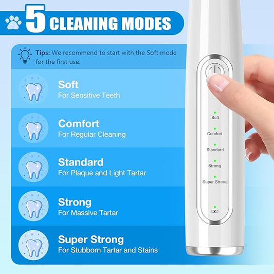 Dog Plaque Remover for Teeth, Dog Teeth Cleaning Kit with LED Light and 5 Modes, Teeth Cleaner for Dogs and Cats,White MIONJO