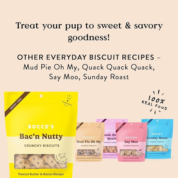 Bocce's Bakery Oven Baked Bac'N Nutty Treats for Dogs, Everyday Wheat-Free Dog Treats, Made with Real Ingredients, Baked in The USA, All-Natural PB & Bacon Biscuits, 5 oz - PAWPICO