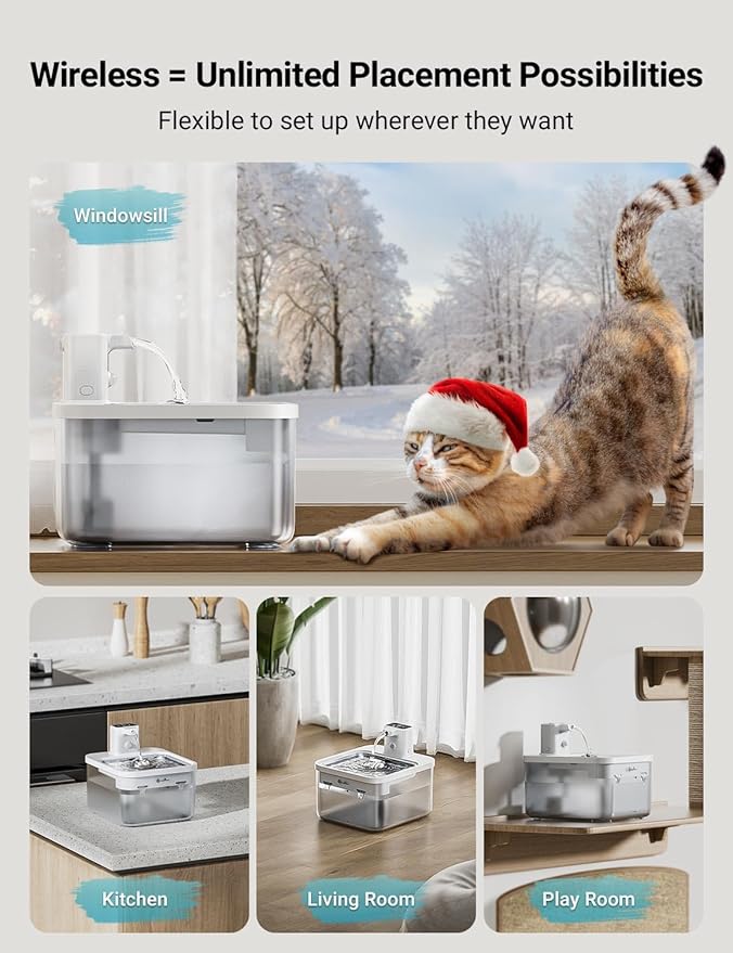 DownyPaws Battery Operated Cat Water Fountain Stainless Steel, 84oz/2.5L Fursink Wireless Pet Water Fountain for Cats Inside, Automatic Dog Water Dispenser with Faucet, Quiet Pump, BPA-Free, White - PAWPICO