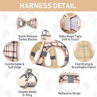 GAMUDA Small Dog Harness Collar and Leash Set, Step in No Chock No Pull Soft Mesh Adjustable Dog Vest Harnesses Plaid Reflective for Dogs Puppy Cats Kitten Rabbit (Beige, M) GAMUDACollarsCollection