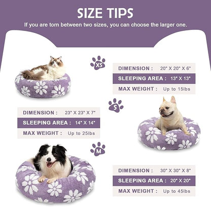 Donut Dog Beds for Small Dogs, Calming Round Cat Beds for Indoor Cats, Cute 3D Textured Flower Pet Bed with Removable Washable Cover and Anti-Slip Bottom（Purple，23"） - PAWPICO