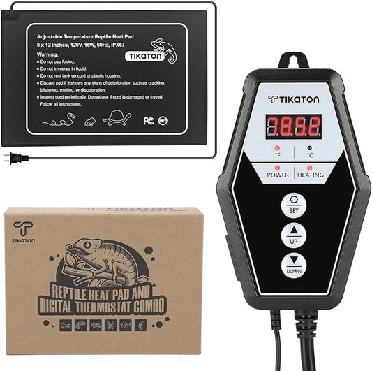 Tikaton Reptile Heating Pad and Digital Thermostat Combo Set, Under Tank Heater for 10-20gal/30-40gal Tank, Terrarium Heat Mat for Turtle/Snake/Lizard/Frog/Spider/Plant Box Tikaton