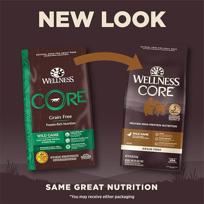 Wellness CORE Grain-Free High-Protein Dry Dog Food, Natural Ingredients, Made in USA with Real Meat, All Breeds, For Adult Dogs (Wild Game Duck, Lamb Meal, Boar & Rabbit, 26-Pound Bag) - PAWPICO