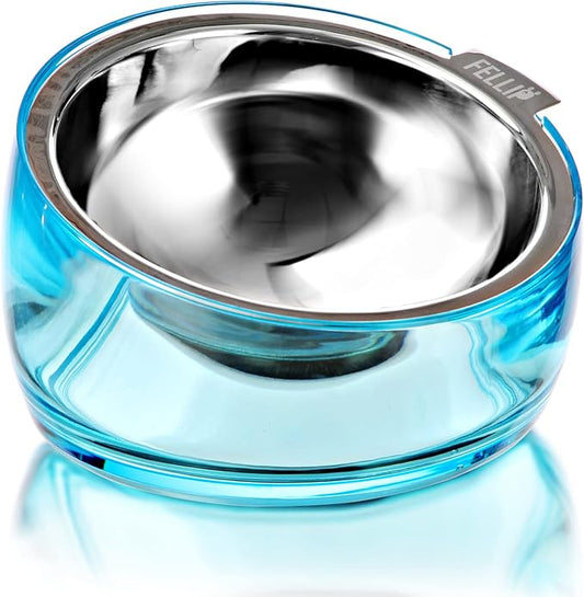 Felli Pet Oblik Slanted Dog Food Water Bowl Elevated Stainless Steel Oval Dish Ergonomic Angled Metal Feeder Spill Proof Non Slip, Raised Acrylic Cone for Bulldog Pug Small Medium (1.5Cup Sapphire) - PAWPICO