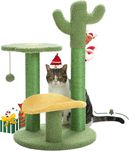 Made4Pets Cat Tree Cactus Cat Scratching Post 26” Cats Tree Tower for Indoor Cat Scratchers Kitty Tower with Flower Perch, Dangling Ball - PAWPICO