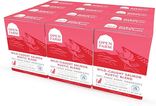 Open Farm Wild-Caught Salmon Blend Wet Cat Food, Complete Meal or Food Topper with Responsibly Sourced Meat and Superfoods Without Artificial Flavors or Preservatives, 5.5 oz, Pack of 12 Boxes - PAWPICO