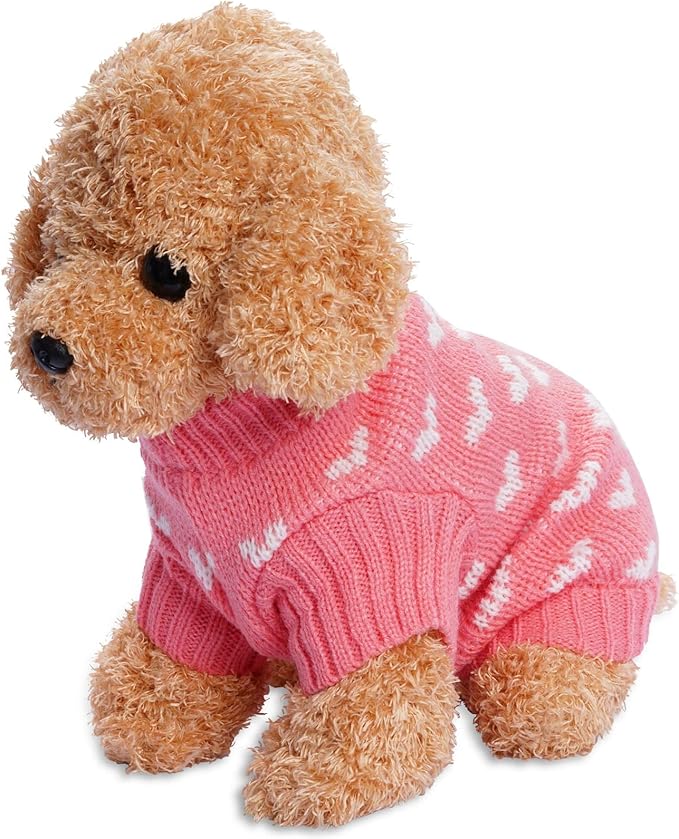 Dxhycc Dog Knitted Sweater Heart Puppy Sweater Warm Soft Pet Holiday Clothes for Small Cats and Dogs (Pink, S) - PAWPICO