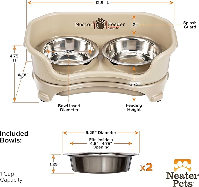 Neater Feeder Express Cat Mess Proof Feeder for Cats, 1 Cup Whisker-Friendly Stainless Steel Food & Water Bowls, No Spill, Non-Tip/Slip. Made in USA - PAWPICO