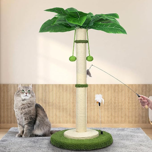 Cat Scratching Post, 37.4 Inch Tall Scratching Posts for Indoor Cats, Sisal Rope Scratching Post with Hanging Ball, Cat Scratcher Post for Large Cat & Kitten with Feather Toy - PAWPICO