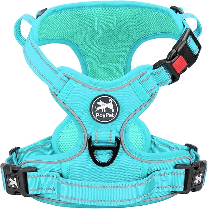 PoyPet No Pull Dog Harness, No Choke Reflective Dog Vest, Adjustable Pet Harnesses with Easy Control Padded Handle for Small Medium Large Dogs(Mint Blue Matching Trim,S) PoyPet