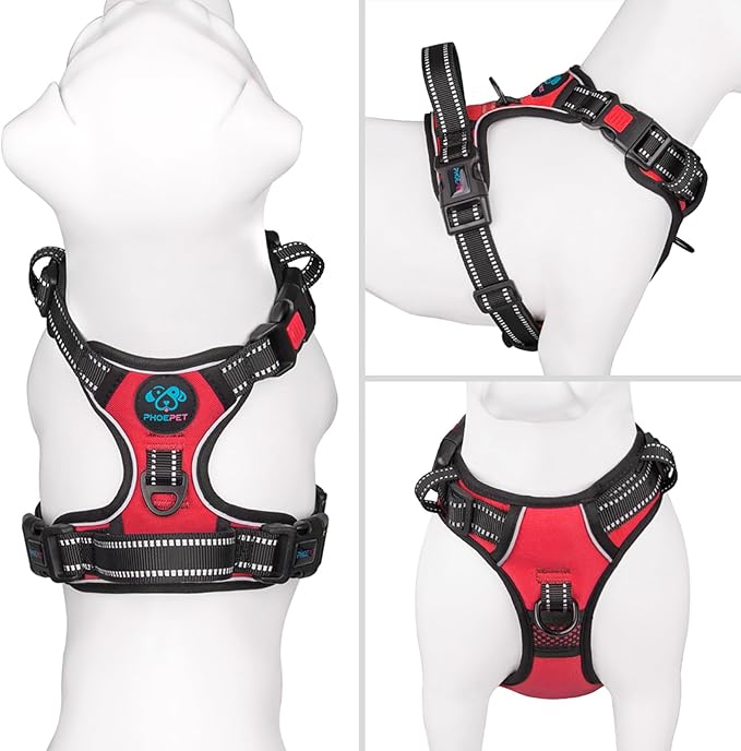 PHOEPET Reflective Dog Harness Large Breed Adjustable No Pull Vest with Handle 2 Metal Rings 3 Buckles [Easy to Put on & Take Off](XL, Red) PHOEPET