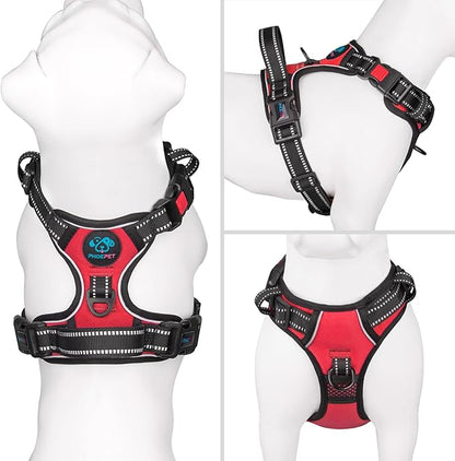 PHOEPET Reflective Dog Harness Large Breed Adjustable No Pull Vest with Handle 2 Metal Rings 3 Buckles [Easy to Put on & Take Off](XL, Red) PHOEPET