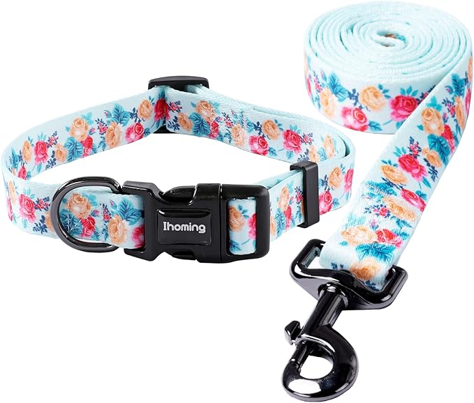Ihoming Puppy Collar and Leash Set for Daily Outdoor Walking Running Training, Blue Festive Flowers Design for Extra Small Boys Girls Dogs Cats Pets, XS-Up to 10LBS Ihoming