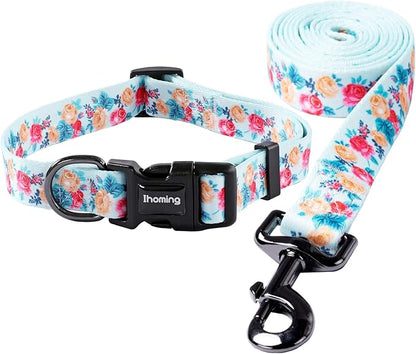 Ihoming Puppy Collar and Leash Set for Daily Outdoor Walking Running Training, Blue Festive Flowers Design for Extra Small Boys Girls Dogs Cats Pets, XS-Up to 10LBS Ihoming