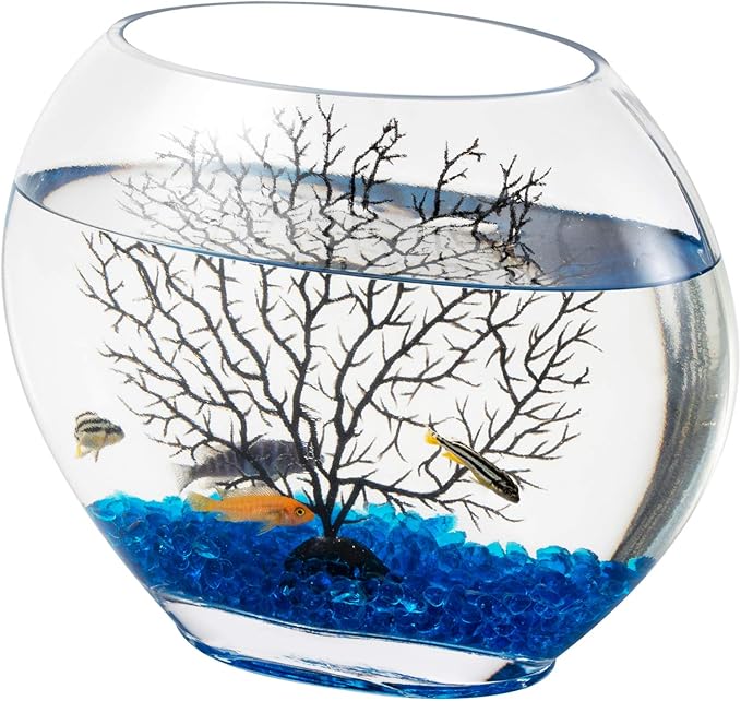 hygger Mini Glass Oblate Fish Bowl Kit, Small Fish Tank Comes with Blue Aquarium Decor Stones and Plastic Fan Branch Tree Ornament hygger
