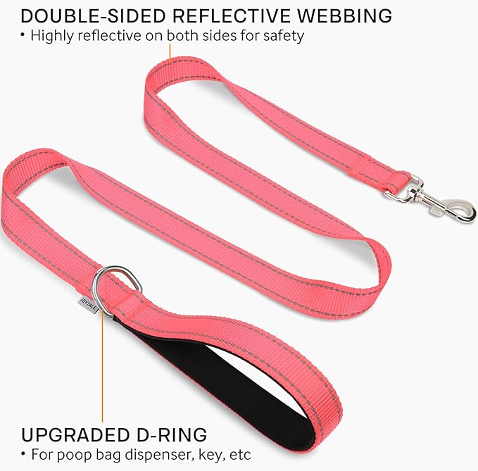 Joytale Double-Sided Reflective Dog Leash, 6 FT/5 FT/4 FT, Padded Handle Nylon Heavy Duty Leashes for Small & Medium Dogs Walking, Pink, 4FT Joytale
