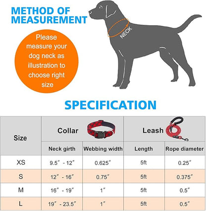 Reflective Dog Collar Padded with Soft Neoprene Breathable Adjustable Nylon Dog Collars for Small Medium Large Dogs (X-Small (Pack of 1), Red Plaid Collar+Leash) ladoogo
