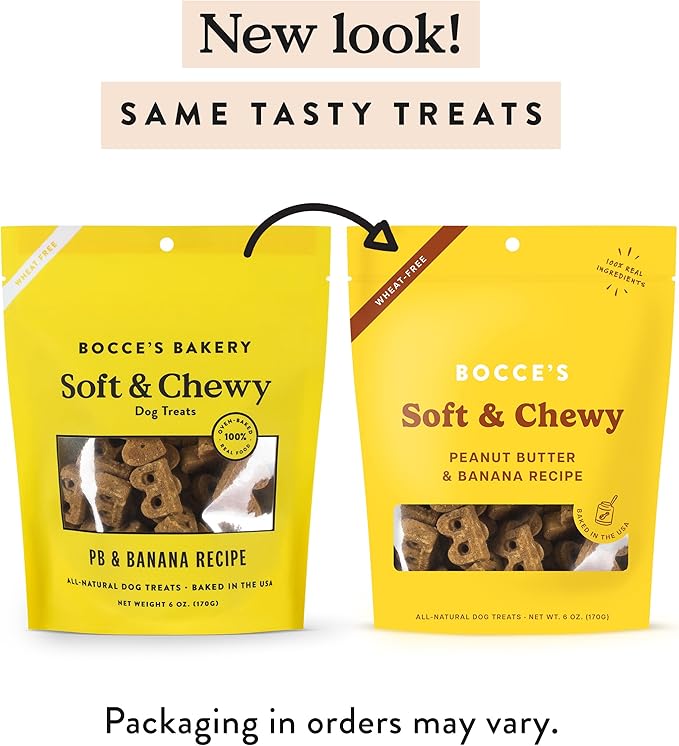 Bocce's Bakery Oven Baked PB & Banana Recipe Treats for Dogs, Wheat-Free Everyday Dog Treats, Real Ingredients, Baked in The USA, All-Natural Soft & Chewy Cookies, Peanut Butter & Banana, 6 oz - PAWPICO