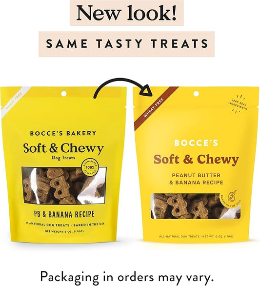 Bocce's Bakery Oven Baked PB & Banana Recipe Treats for Dogs, Wheat-Free Everyday Dog Treats, Real Ingredients, Baked in The USA, All-Natural Soft & Chewy Cookies, Peanut Butter & Banana, 6 oz - PAWPICO
