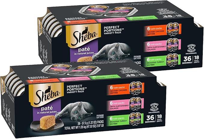 Sheba Perfect Portions Wet Cat Food Pate Savory Chicken, With Sustainable Salmon, and Roasted Turkey Entree Variety Pack, 2.6 oz., Twin-Pack Trays (18 Count, 36 Servings) (Pack of 2) - PAWPICO