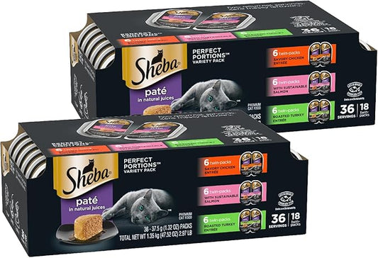 Sheba Perfect Portions Wet Cat Food Pate Savory Chicken, With Sustainable Salmon, and Roasted Turkey Entree Variety Pack, 2.6 oz., Twin-Pack Trays (18 Count, 36 Servings) (Pack of 2) - PAWPICO