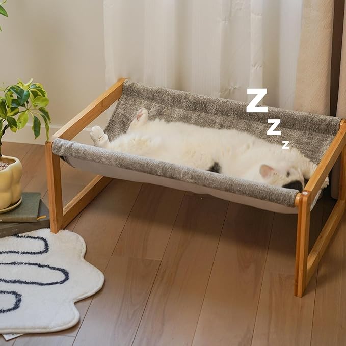 Elevated Cat Bed, Large Cat Hammock Bed, Bamboo Wood Cat Hammock for Outdoor, 25 X 16.5 Inch Elevated Pet Furniture Suitable for Kitty, Puppy, Rabbit, Bunny and Small Animal - PAWPICO