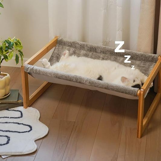 Elevated Cat Bed, Large Cat Hammock Bed, Bamboo Wood Cat Hammock for Outdoor, 25 X 16.5 Inch Elevated Pet Furniture Suitable for Kitty, Puppy, Rabbit, Bunny and Small Animal - PAWPICO