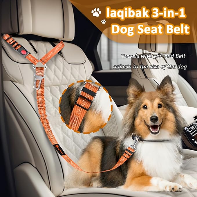 Removable Dog Seat Belt Harness for Car, 3 in 1 Pet Dog Car Seatbelt Leash, Retractable Restraint Secures to Vehicle Headrest & Adjustable Reflective Bungee Dog Seatbelt Tether,Orange laqibakProductcollection