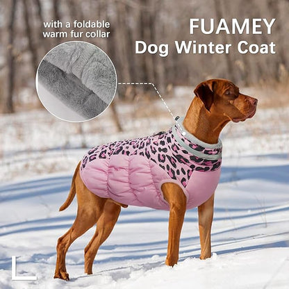 FUAMEY Dog Winter Coat,Dog Cold Weather Coats Dog Jackets with Zipper on Back with Harness Built in Dog Paded Vest Water Resistant Reflective Jacket for Small Medium Large Dogs Pink Leopard XXL - PAWPICO