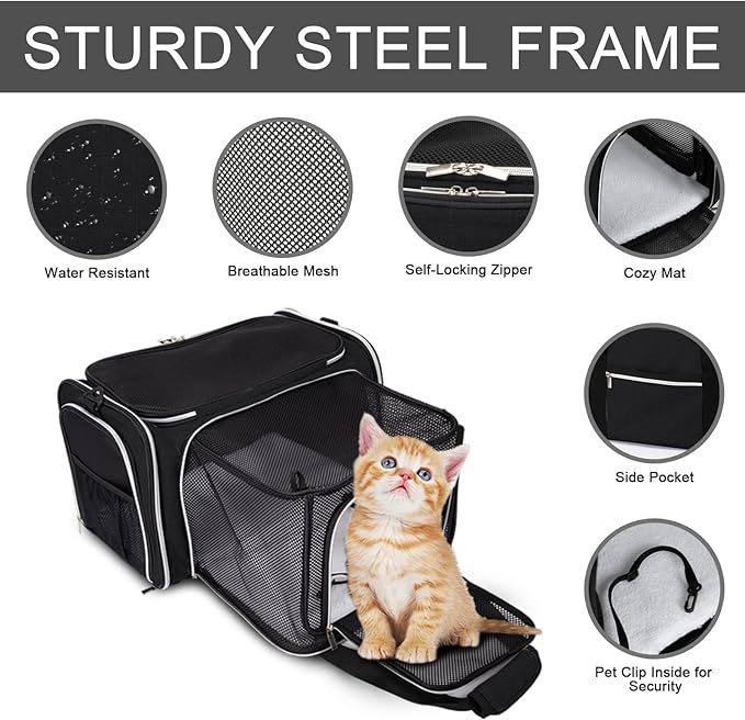 BAGLHER Cat Carrier Bag,Airline Approved Pet Carrier Soft Side Pet Travel 5 Sides Open Doors 3 Sides Expandable Foldable Dog Carrier with Fleece Pad - PAWPICO