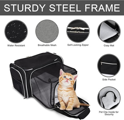 BAGLHER Cat Carrier Bag,Airline Approved Pet Carrier Soft Side Pet Travel 5 Sides Open Doors 3 Sides Expandable Foldable Dog Carrier with Fleece Pad - PAWPICO