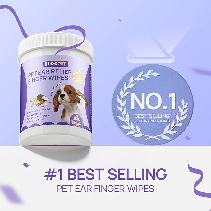 HICC PET Ear Finger Wipes for Dogs & Cats - Gently Remove Ear Wax, Debris - Sooths & Deodorizes - Relieve Ear Itching & Inflammation, Fresh Coconut Scent, All Natural Ingredients - 50 Count HICCPET