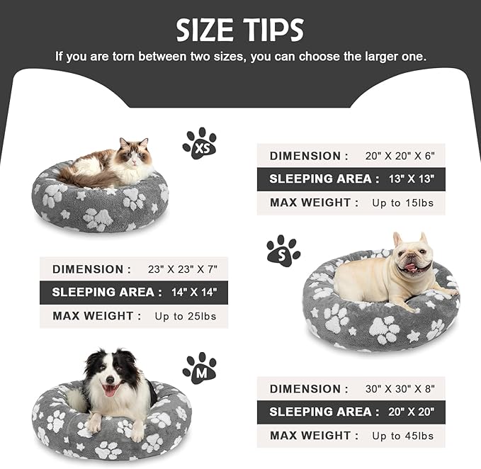 Donut Dog Beds for Medium Dogs, Calming Round Cat Beds for Indoor Cats, Cute 3D Textured Paw Pet Bed with Removable Washable Cover and Anti-Slip Bottom（Grey，30"） - PAWPICO